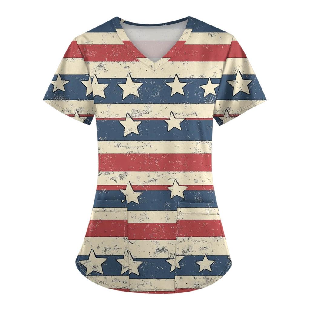 Damenmode V-Ausschnitt Kurzarm Overalls mit Taschen Unabhängigkeitstag Bedruckte Oberteile Kleidung