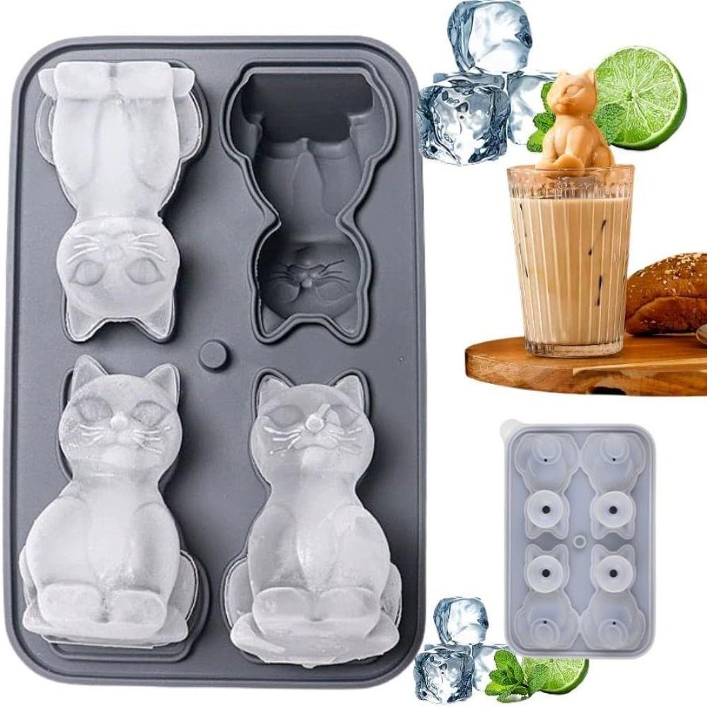 Leicht zu lösende 3D-Katzen-Eisblockform 4 Löcher Wiederverwendbare Katzen-Eiswürfelform Spülmaschinenfest Frei von BPA Eiswürfelbereiter Cocktail