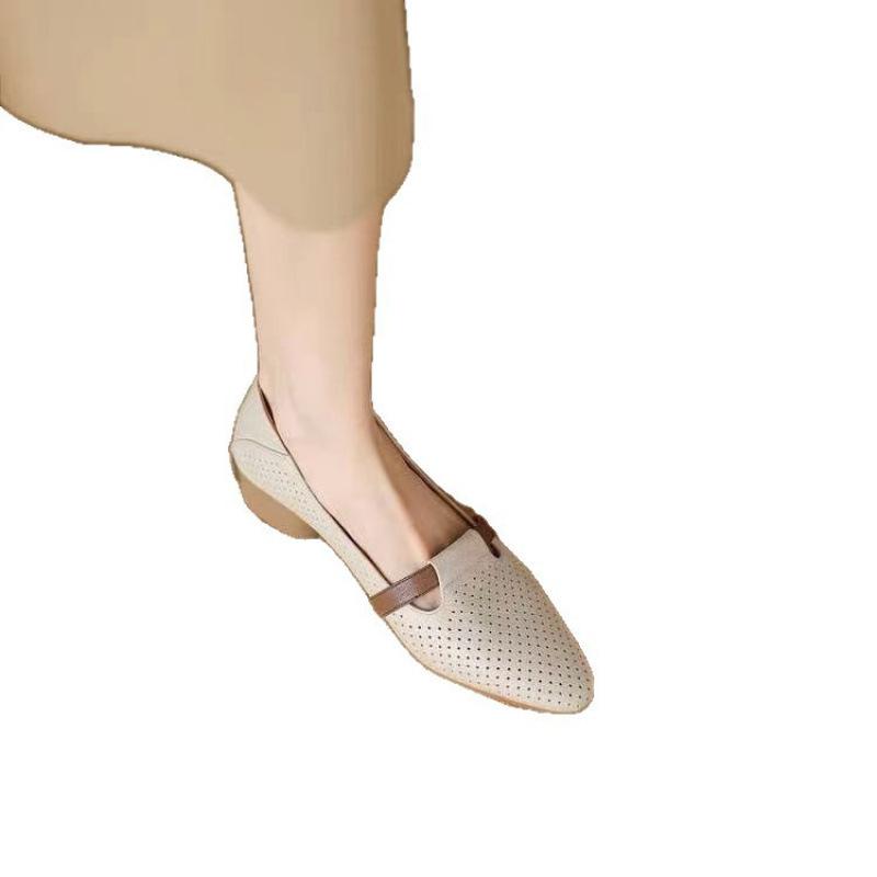 Soft Leather Hollowed-out Sandals, Women's Low-heeled Soft-soled Breathable Perforated Single Shoes