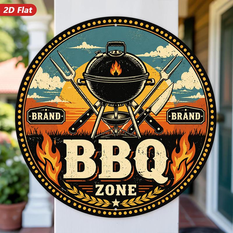 Vintage BBQ Zone Grill Flame D Flat Metal Tin Sign Retro Barbecue Tool Graphic Wall Plaque for Backyard Patio Outdoor Decor