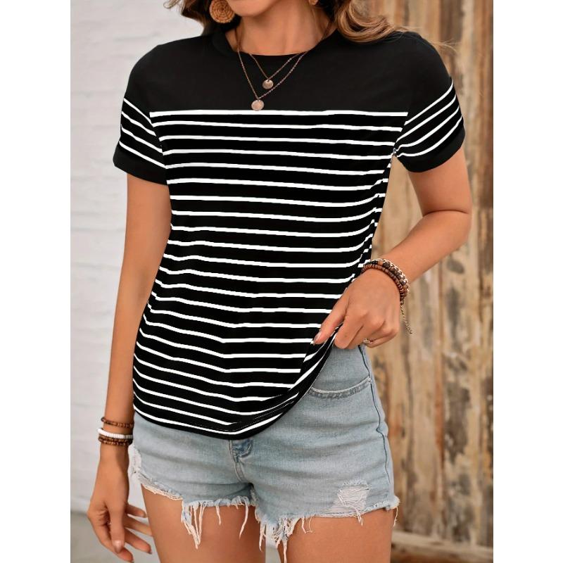 Contrast Striped Short Sleeved Summer Round Neck Pullover for Age Reducing Top, Slimming Casual T-shirt for Women In Black