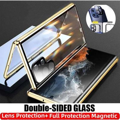 Magnetic Case for Samsung Galaxy S22 S21 Ultra S22+ Plus with Metal Frame Phone Bumpers Double Sided Tempered-Glass Full Lens Protection Cover