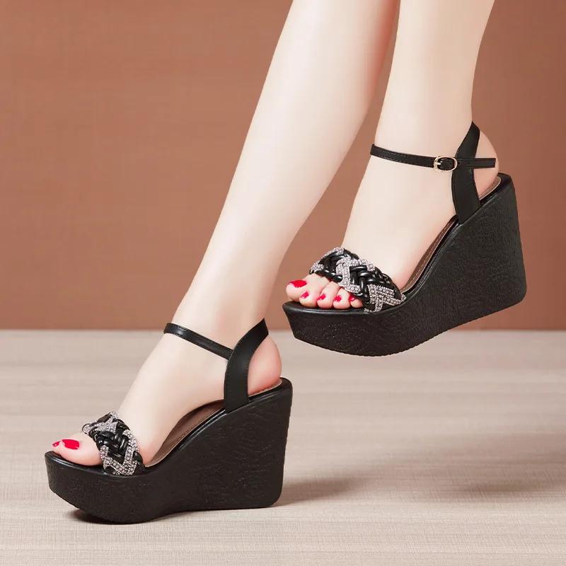 Mărimi Mici 32-43 Pantofi Eleganti cu Platforma cu Strasuri, Sandale cu Toc Inalt pentru Femei, Vara 2025, Piele, Office, Model Mama, Plaja