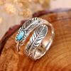 Huitan Personality Feather Shape Opening Rings for Women Anti Silver Color Imitation Turquoise Vintage Female Ring Party Jewelry