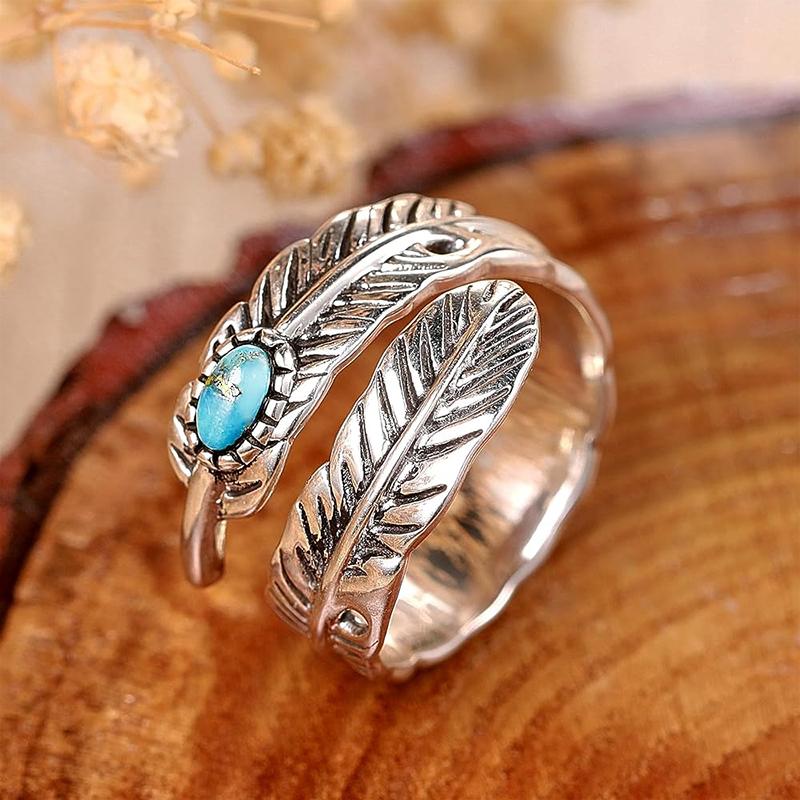 Huitan Personality Feather Shape Opening Rings for Women Anti Silver Color Imitation Turquoise Vintage Female Ring Party Jewelry
