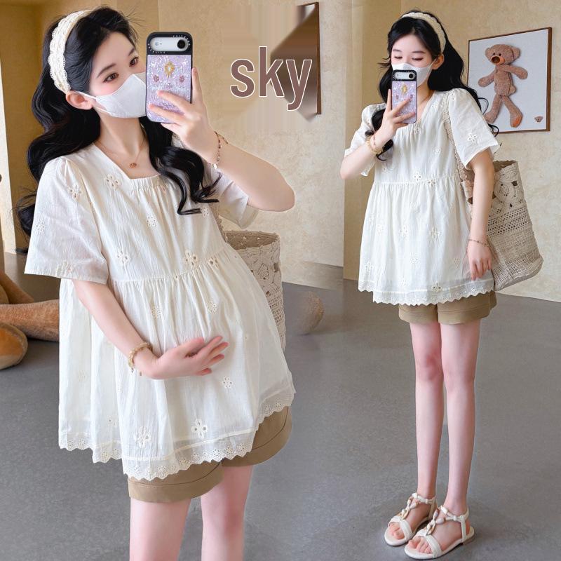 2026 Summer Korean Lace Embroidery Doll Shirt with Tummy Support Shorts 2XL