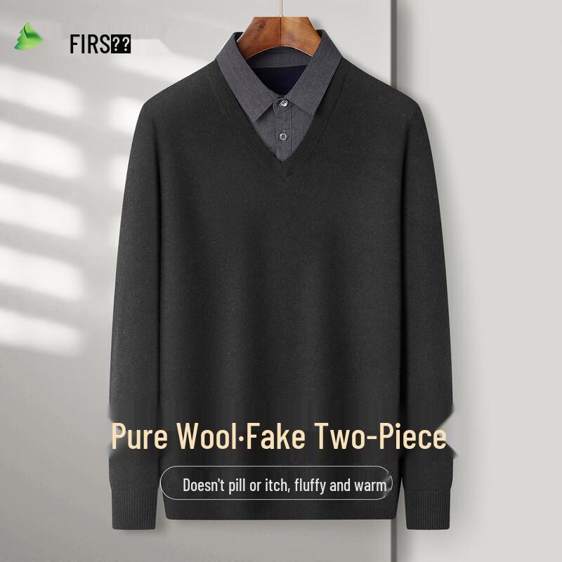 FIRS Men's Faux Two-Piece V-Neck 100% Wool Sweater