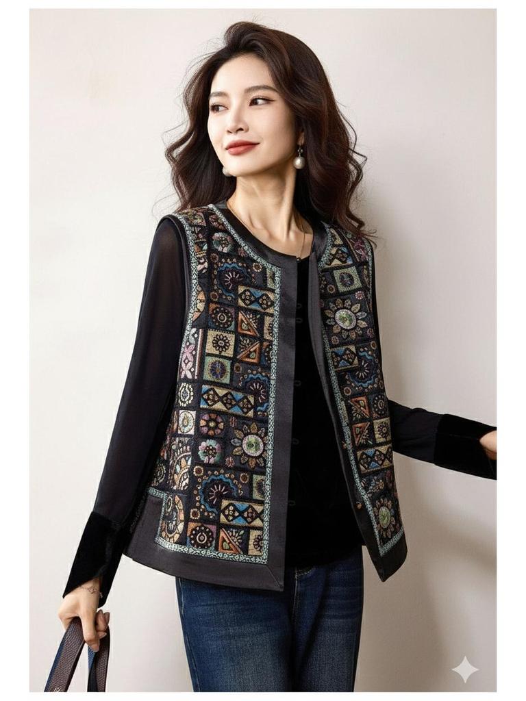 Women's Plus Size Embroidered Black Vest - High-End Autumn 2025 Fashion Top