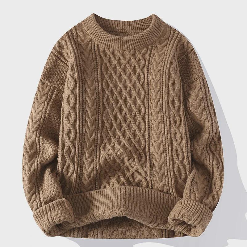 Men's Winter Cable Knit Sweater: Casual, Solid Color, Light Mature Style, Round Neck Pullover.