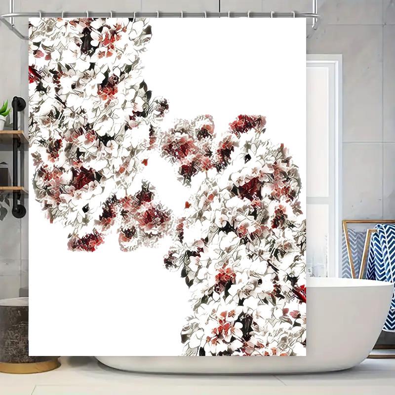 

Artistic Floral Print Shower Curtain White Black Red Modern Home Decor Bathroom Accessories Waterproof Bath Mat Cover Size 69X70 W60H190(CM)-1 Pcs