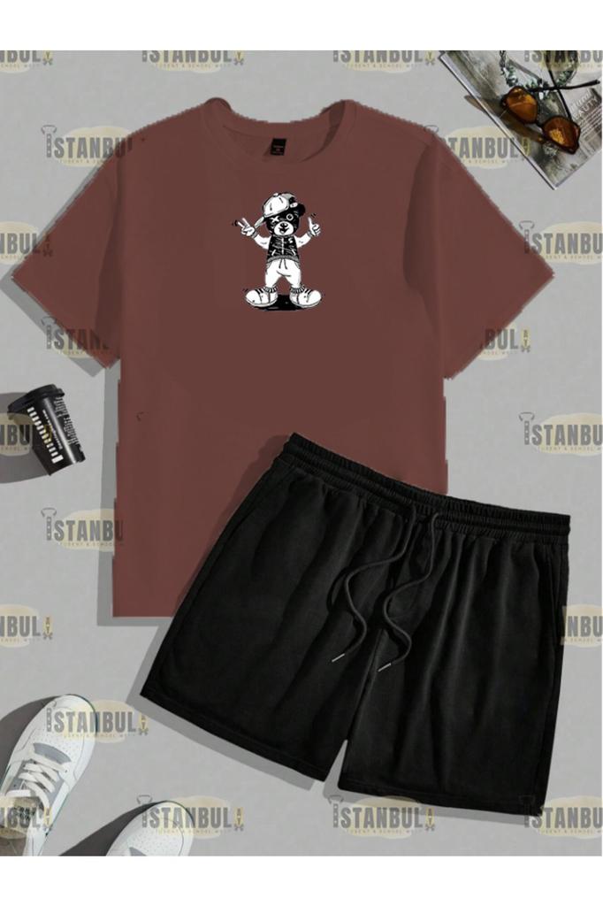 Conjunto de camiseta y pantalones cortos con estampado de oso Happy Street para hombre, talla grande, talla grande, conjunto de parte superior inferior de chándal