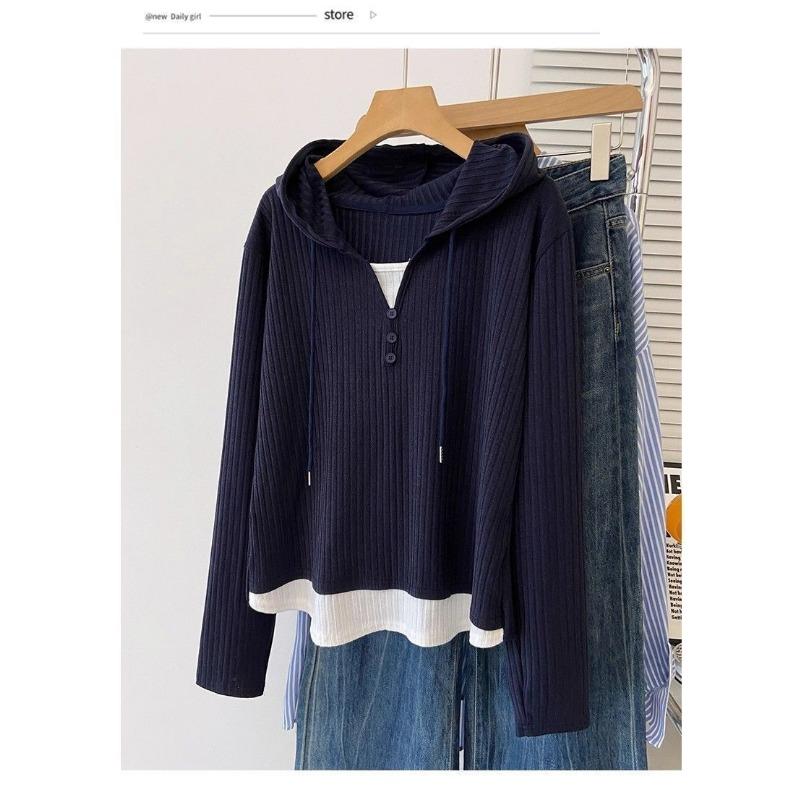Women S Plus Size Hooded Long Sleeve Fake Two Piece T Shirt Loose Casual Top