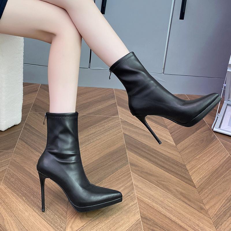 Autumn and winter nude thin boots high heels women's thin heels temperament short boots waterproof table suede pointed elastic boots