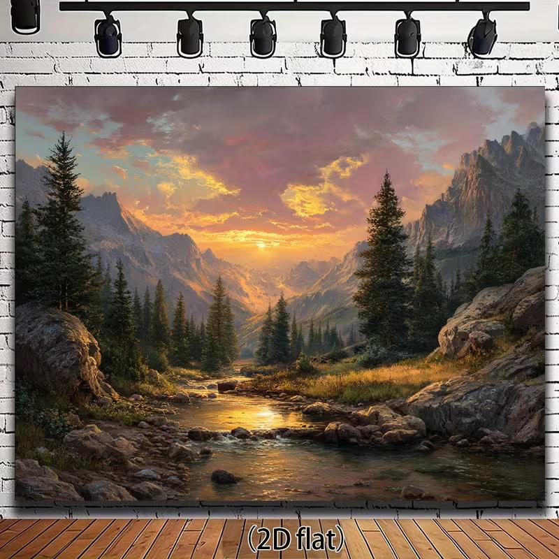 2D Forest Mountain Backdrop, Sunset River Nature Landscape Photography Background 47.2x31.5inch/120*80cm
