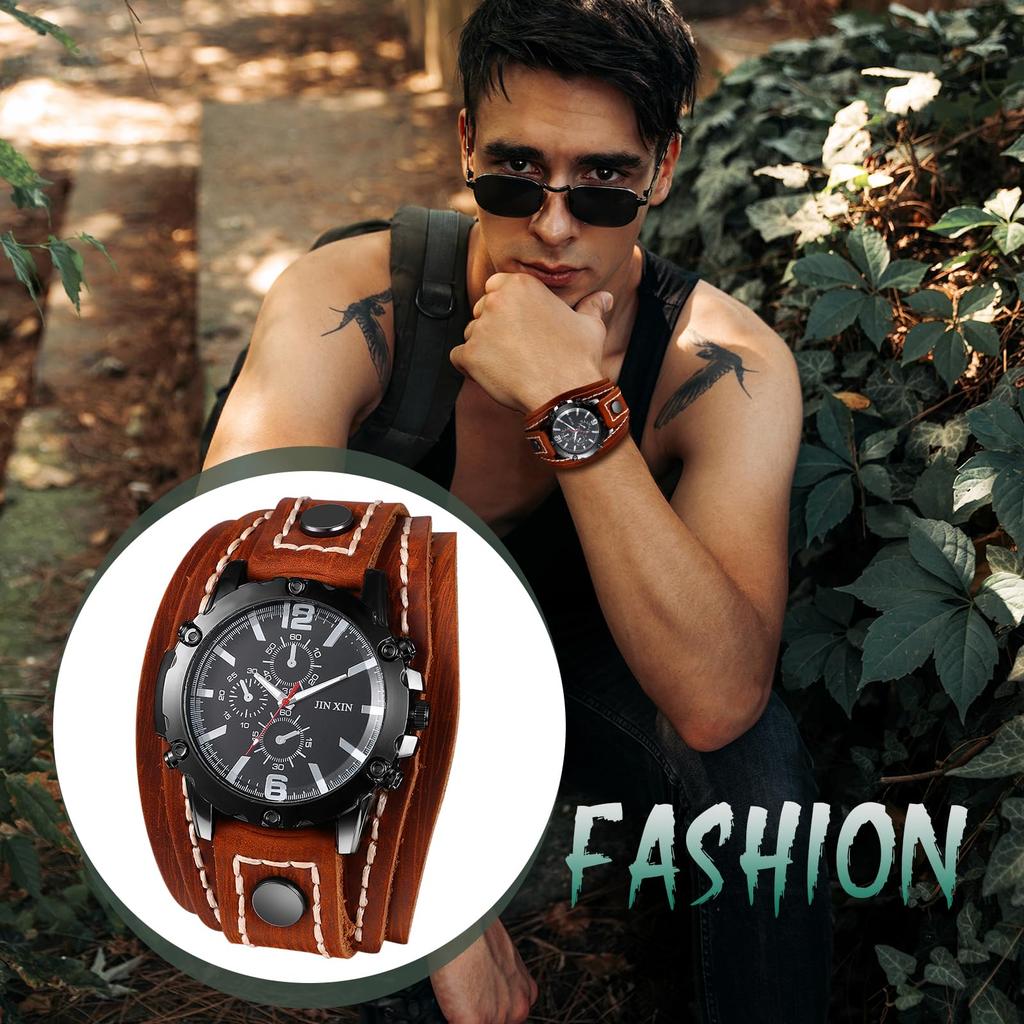 JewelryW Herren Rock Punk Armbanduhr Lederarmband Analog Wasserdicht Breites Armband Stilvolle Quarz Uhr Herrenmode Geschenk
