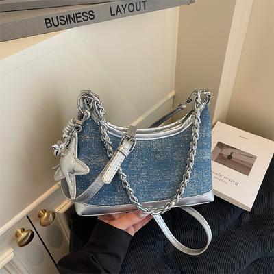 Fashion Denim Shoulder Bag for Women 2024 New Korean Style Crossbody Bag with Chain Cute Versatile Top-Handle Purse