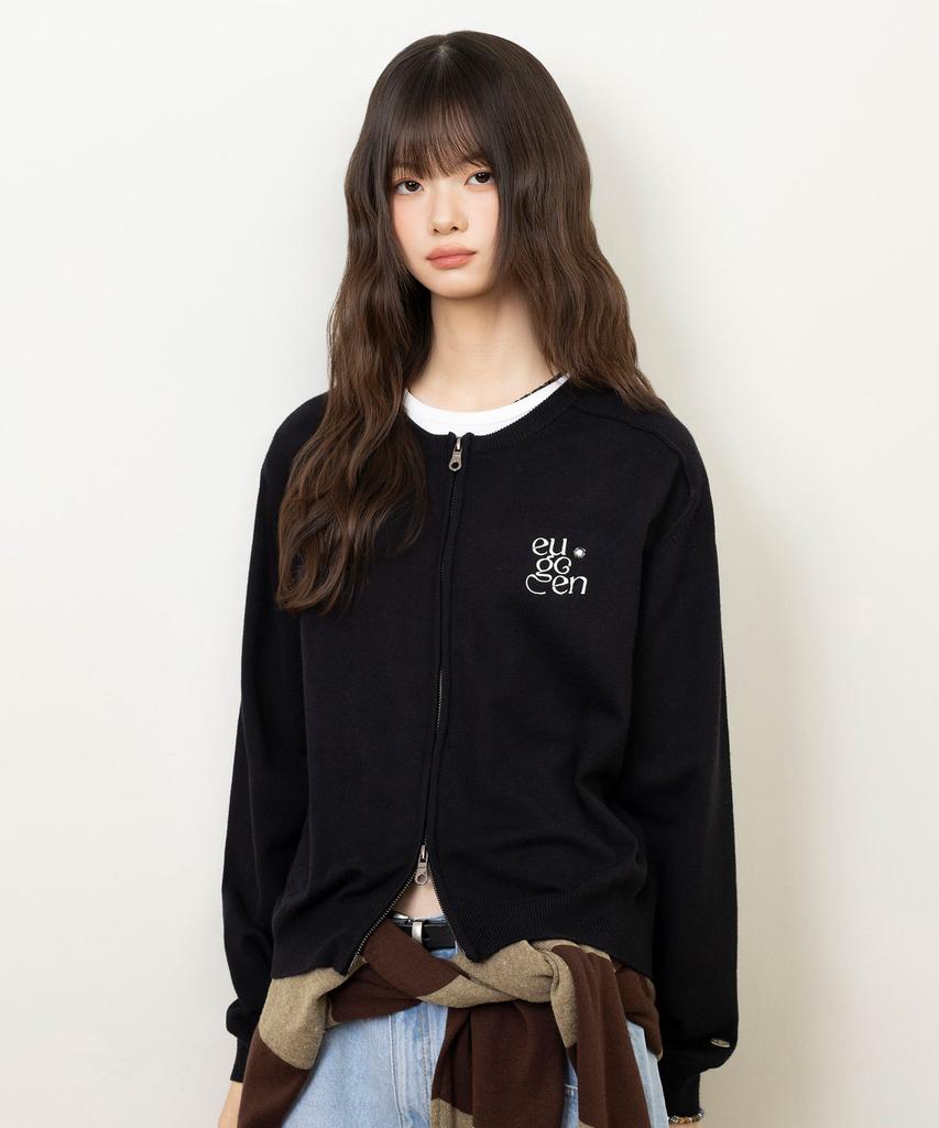 Yujen Minimal Round Neck Two-Way Knit Zip-Up_Black