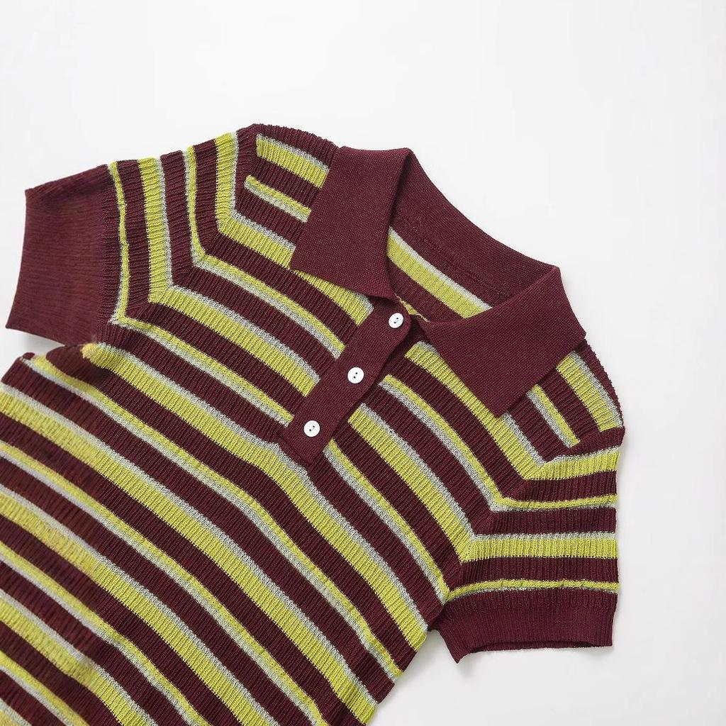 Spring 2025 Women's Striped Polo Collar Short Sleeve Top - European & American Style Fashion.