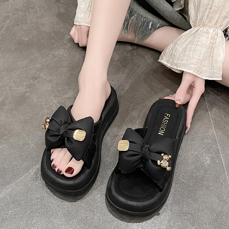 

Summer new slippers flat-bottomed casual outer platform slippers fashionable versatile open-toed bow beach shoes women s shoes 40