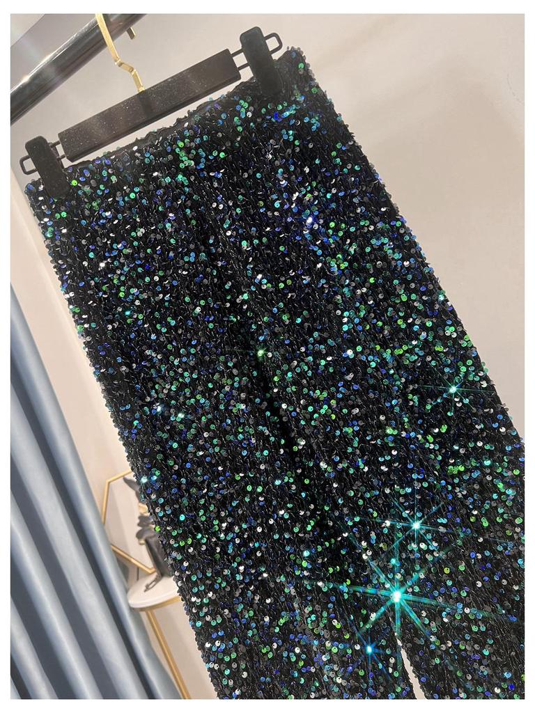 Women's Korean Velvet Sequined Wide-Leg Pants: Slim-Fit, Floor-Length, Shiny Drape Casual Wear for Autumn and Winter