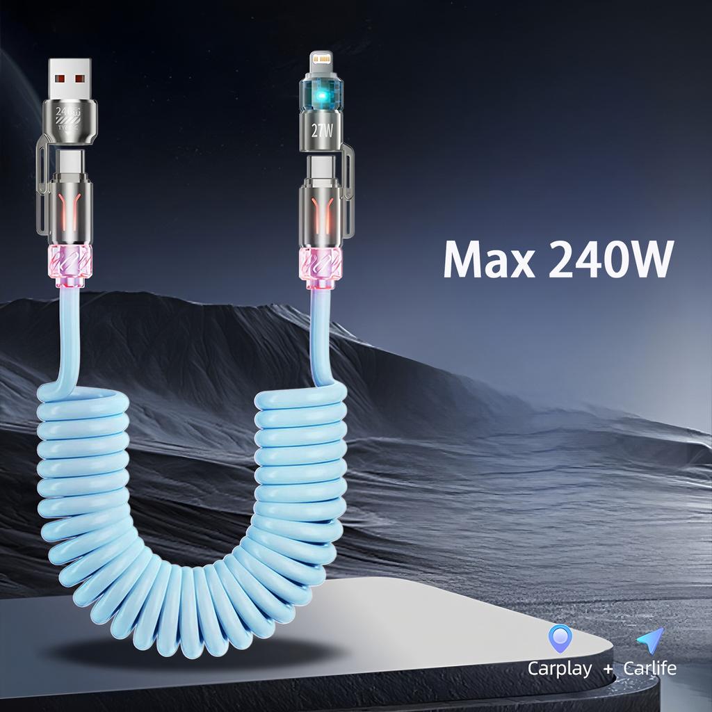 4 in 1 PD 240W Fast Charging Spring Cable USB Type C To Type C L And Data Cable Wire For iPhone 15 16 Samsung Xiaomi