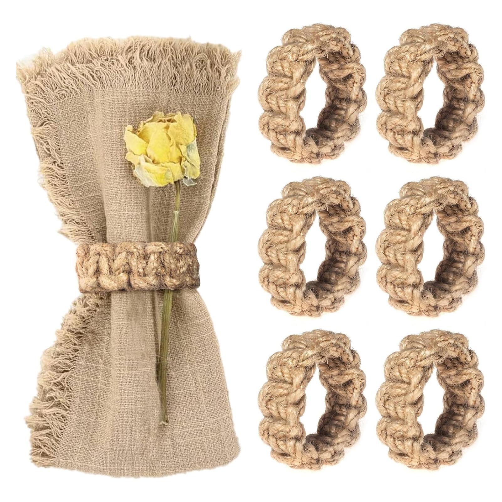 

6PCS Linen Braided Napkin Ring Set, Handmade Braided Flower Shaped Jute Napkin Ring, Suitable for Dining Table, Nautical Napkin