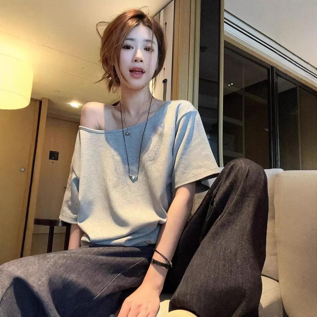 Spicy Girl Asymmetrical Neck Short-Sleeve T-Shirt - Women's Summer 2025 Korean Style Loose Slimming Top