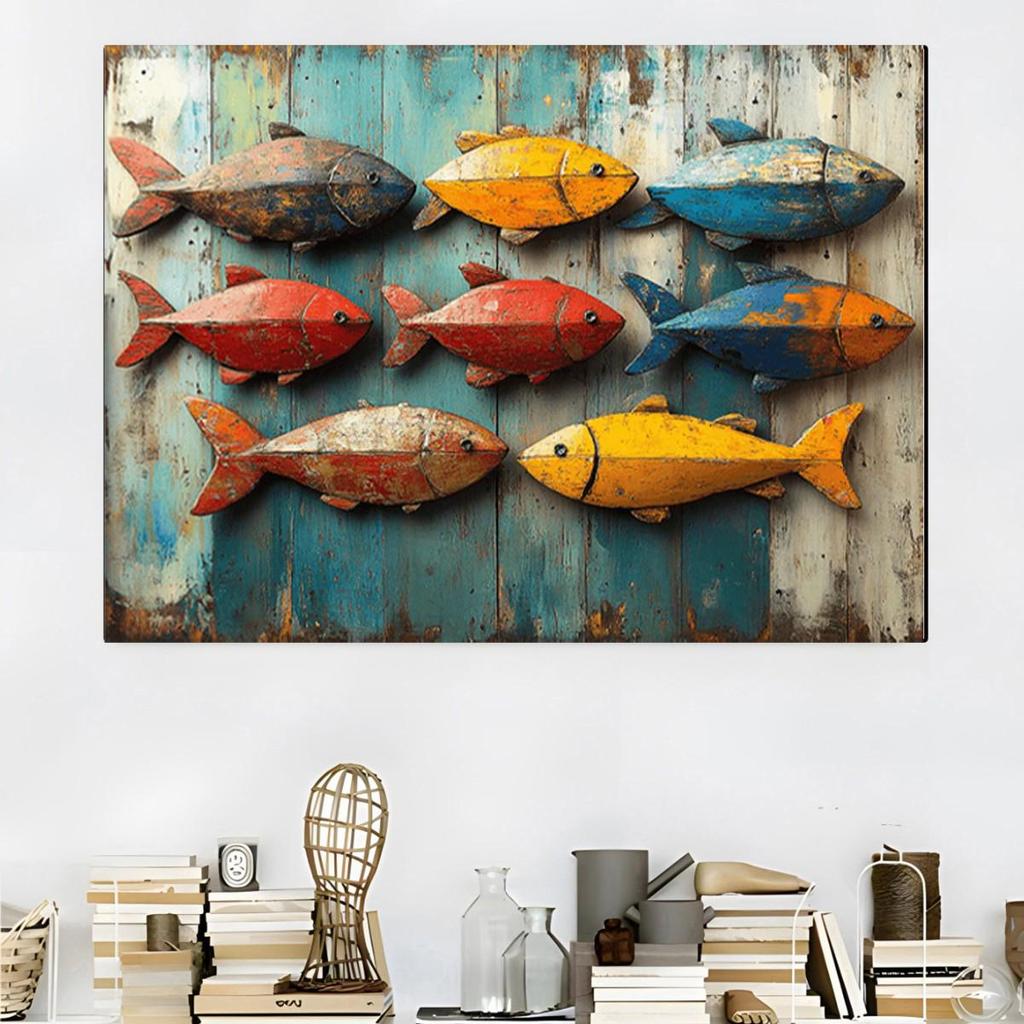 Rustic Wooden Frame Oil Painting of Colorful Fish for Home Decor