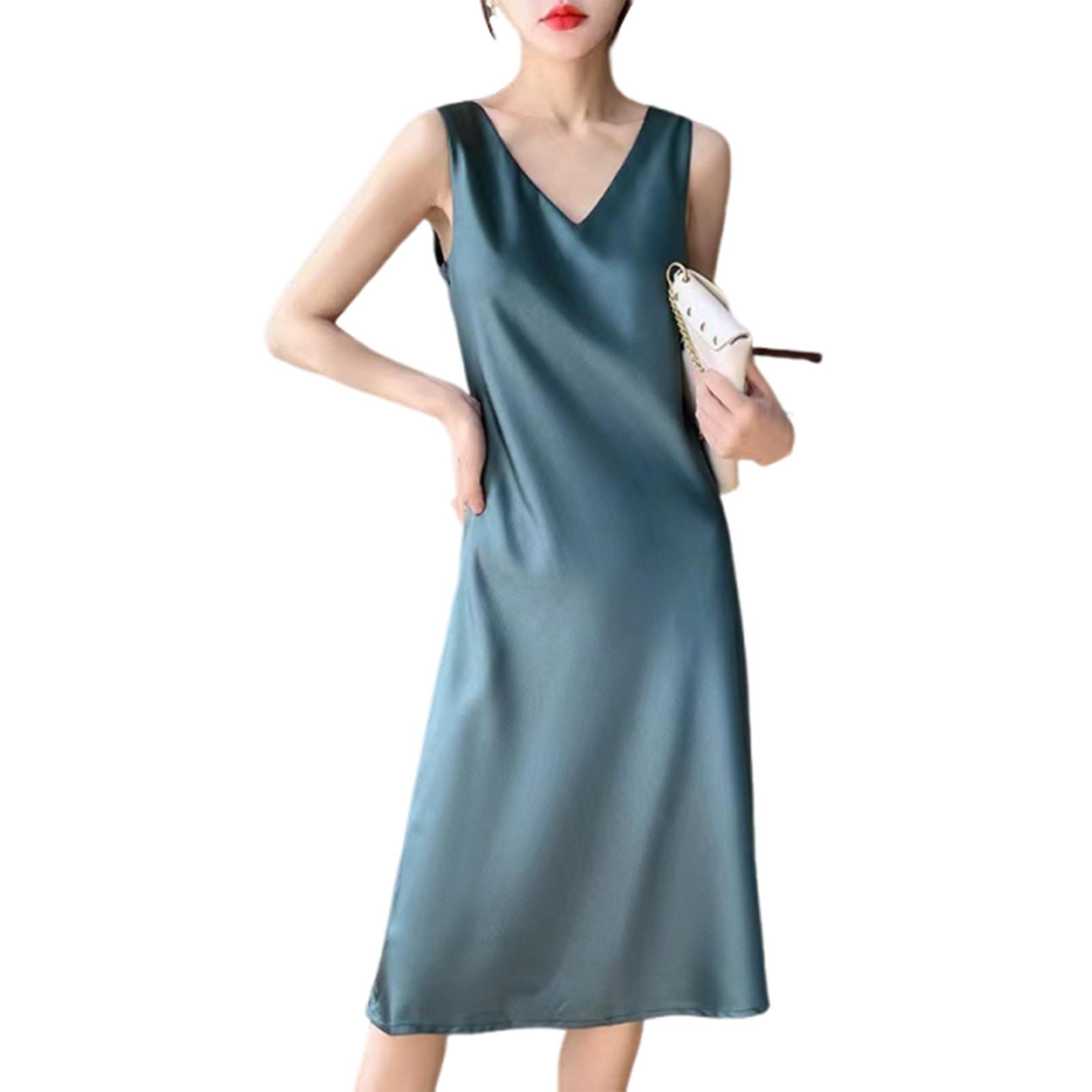 

Женское платье из атласа, длинное до колена, летнее, большого размера, однотонная юбка с V-образным вырезом XXL