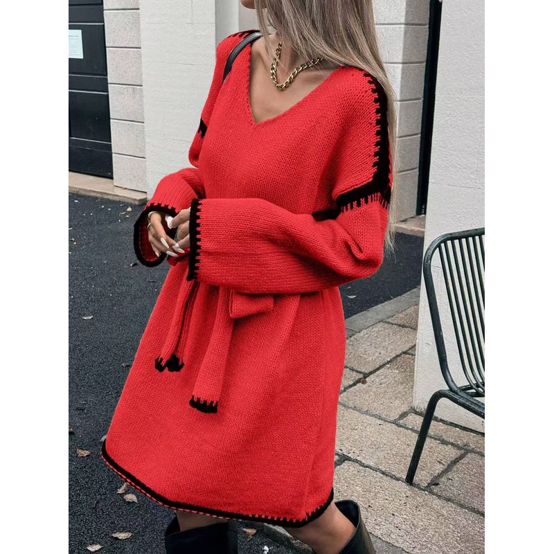 

Fashion Wind New Arrival Fashion V Neck Lace-up Waist-Controlled Slim Looking Loose Knitting Dress Loose Knit Dress Red Free size F(42-48)