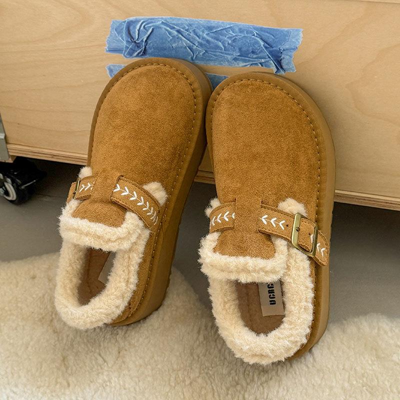 Cowhide version~ thick-soled velvet women's shoes winter warm snow boots women's one-pedal cotton shoes