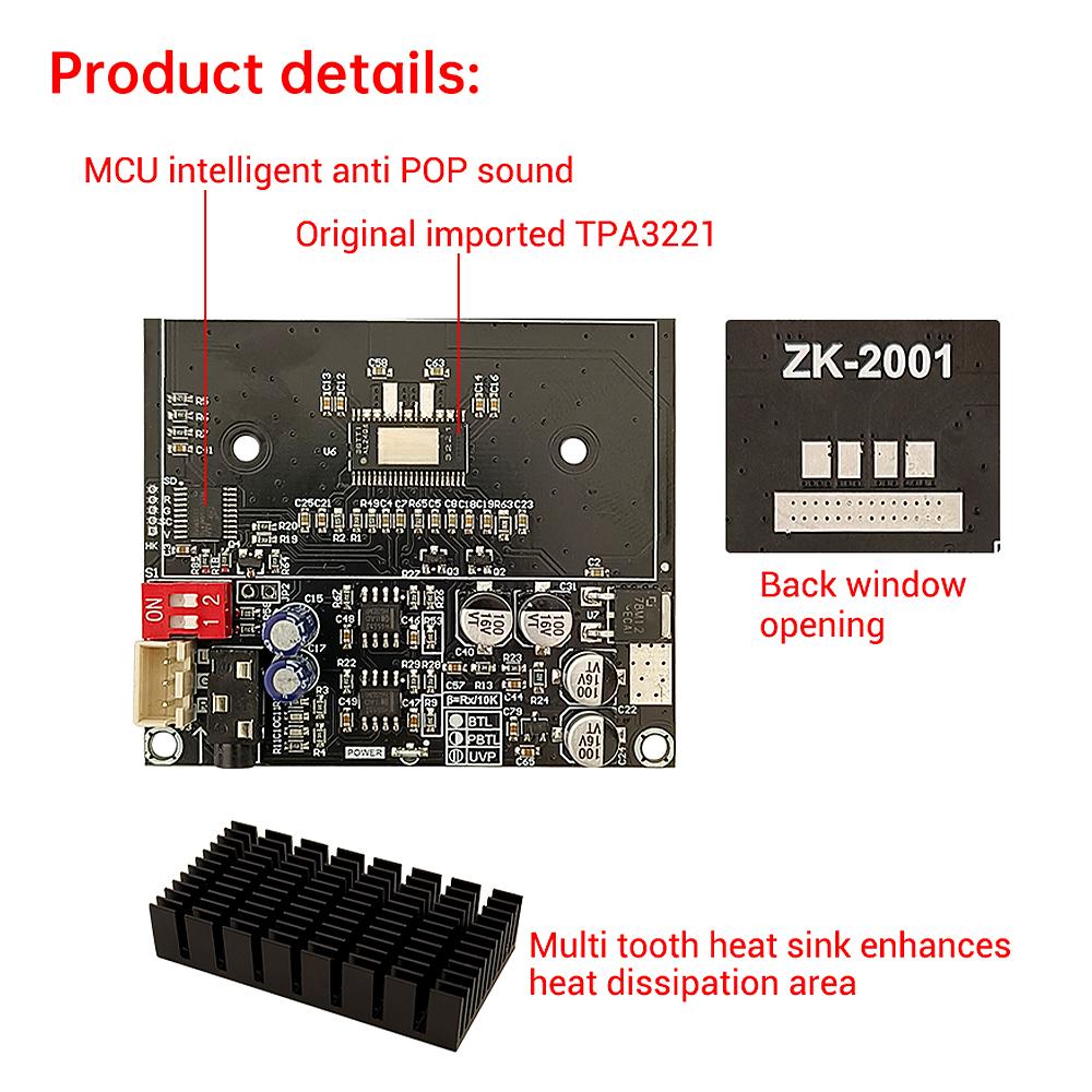 ZK-2001 Pure Post-Stage Power Amplifier Board Dual Channel 100W+100W/Bridged Mono 200W Power Amplifier Chip TPA3221 DC 10-30V