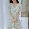 Summer New V-neck Elastic Waist Elegant and Thin Chiffon Floral Dress Young Literary Medium and Long Dress