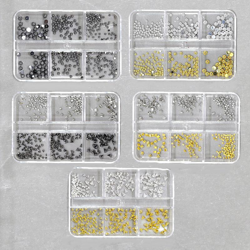 6 Grids Punk Nail Rivets Silver Gold Black Mixed Size Metal Bead Studs Round Cone Nail Art Charms Nail Parts Diy Decoration
