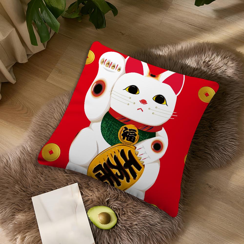 Maneki Neko Rich Luck Money Cat Cushion For Bedroom Car Coffee Shop Room Soft and Living Room Sofa Decorative Pillow Cover Case
