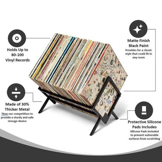 Vinyl Record Storage Rack Heavy Duty Metal Home Office Multi-purpose Matte Black Book Magazines Files Albums Vinyl Record Holder Organizer Stand