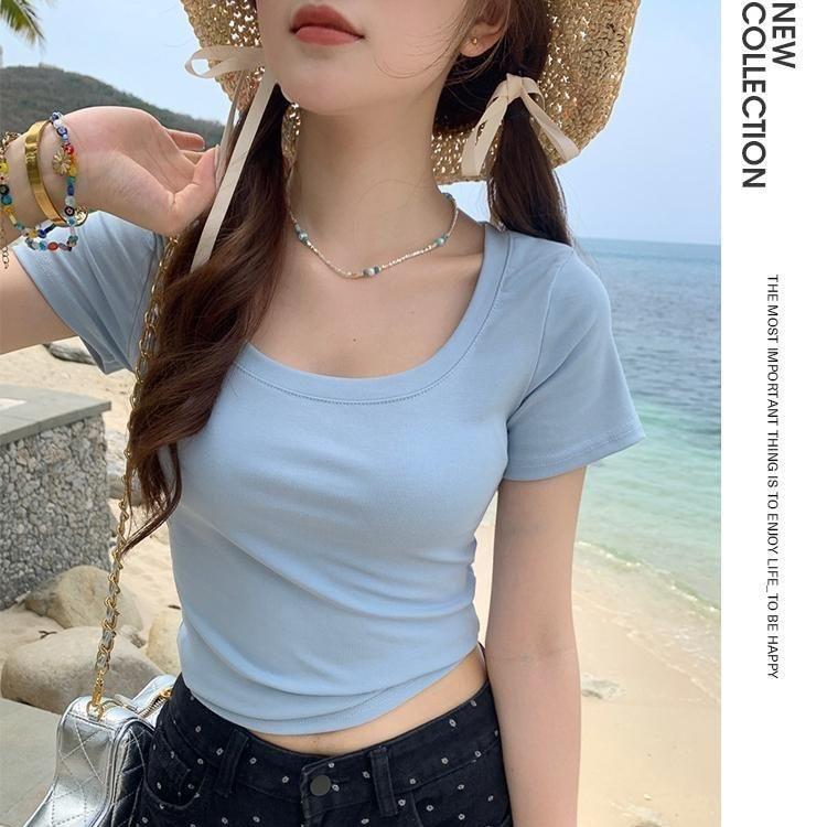 Burgundy Crew Neck Front Shoulder Short Sleeve T-Shirt Women's Summer New Korean Slim-fit Versatile Design Niche Top
