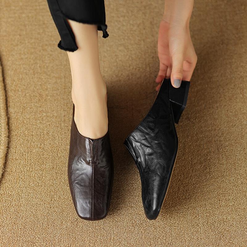 Fashion Genuine Leather Shoes Women Square Toe Chunky Heel Women Mules Concise Sheepskin Women Slippers Black Handmade Shoes for Women