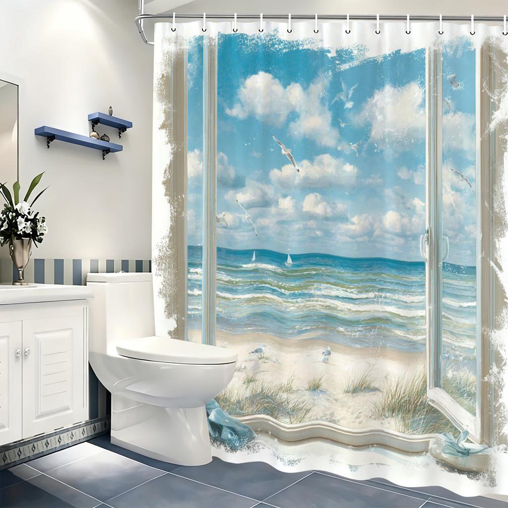 Scenic Ocean View Window Design Polyester Shower Curtain - Nautical Style Bathroom Decor, Stylish Bathtub Partition Curtain
