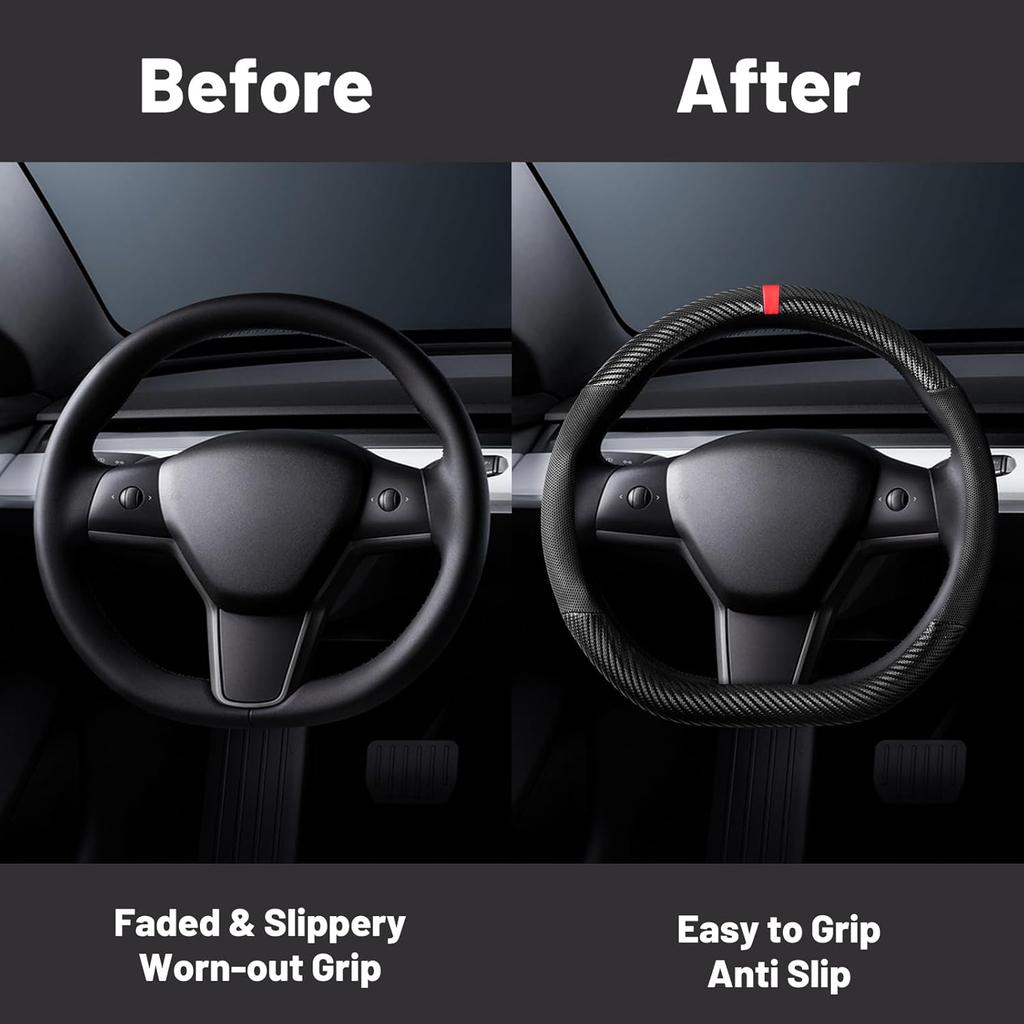KAFEEK Carbon Fiber Car Steering Wheel Cover For Tesla Model 3 / Model Y, Breathable Leather, Anti Slip, For Tesla Accessories For Women And Men,