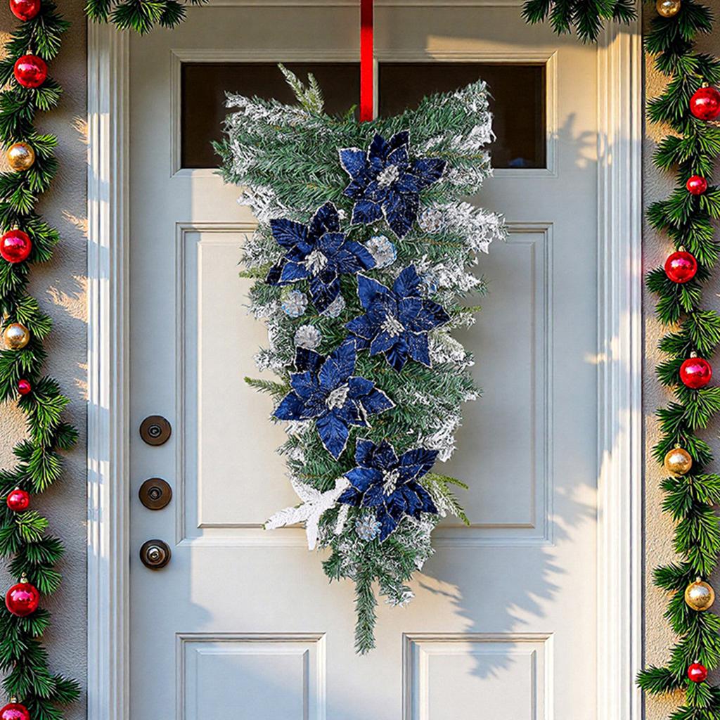 Upside Down Christmas Tree Decoration Pendant, Blue Christmas Flower Sequin Velvet Simulation Flower, Christmas Party Decoration