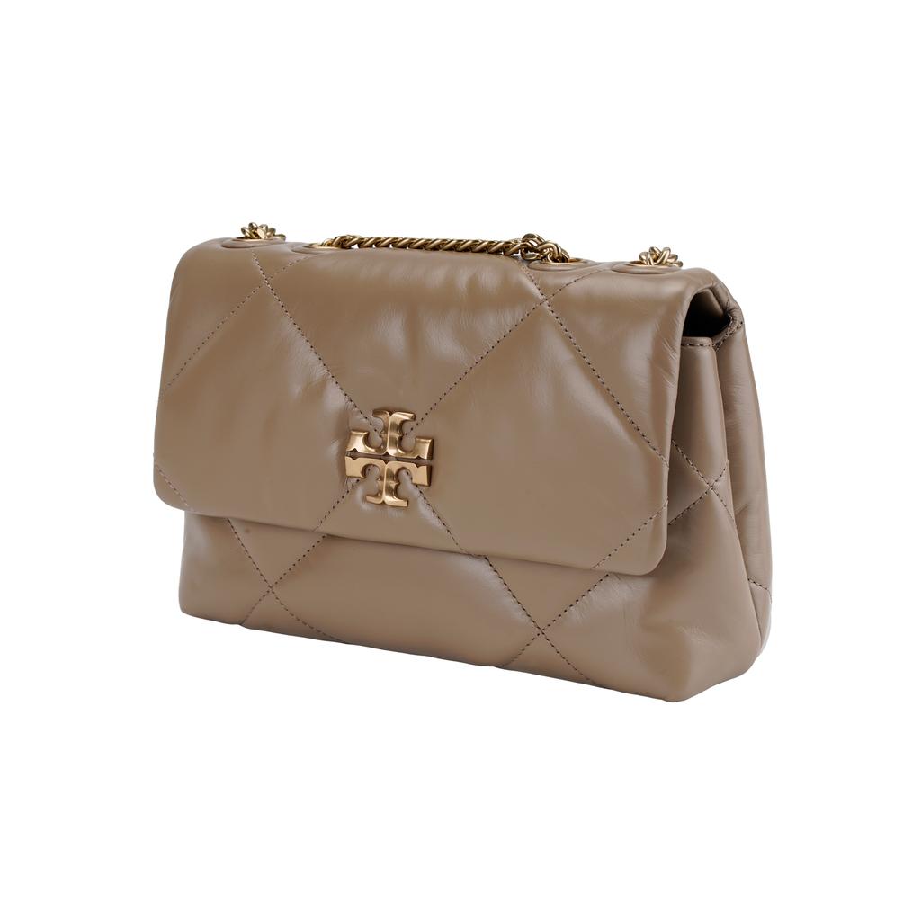 Tory Burch Kira Double T Metal Accents Diamond Quilted Napa Leather Handheld Crossbody Shoulder Bag Small Women handbags Gray Brown Oak 154706-250