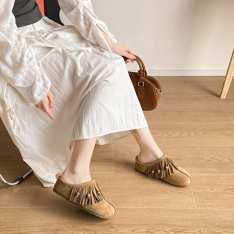 New Inner Height-increasing Women's Retro Bag Head Half Slippers Beaded Tassel Suede Versatile Fashion Shoes