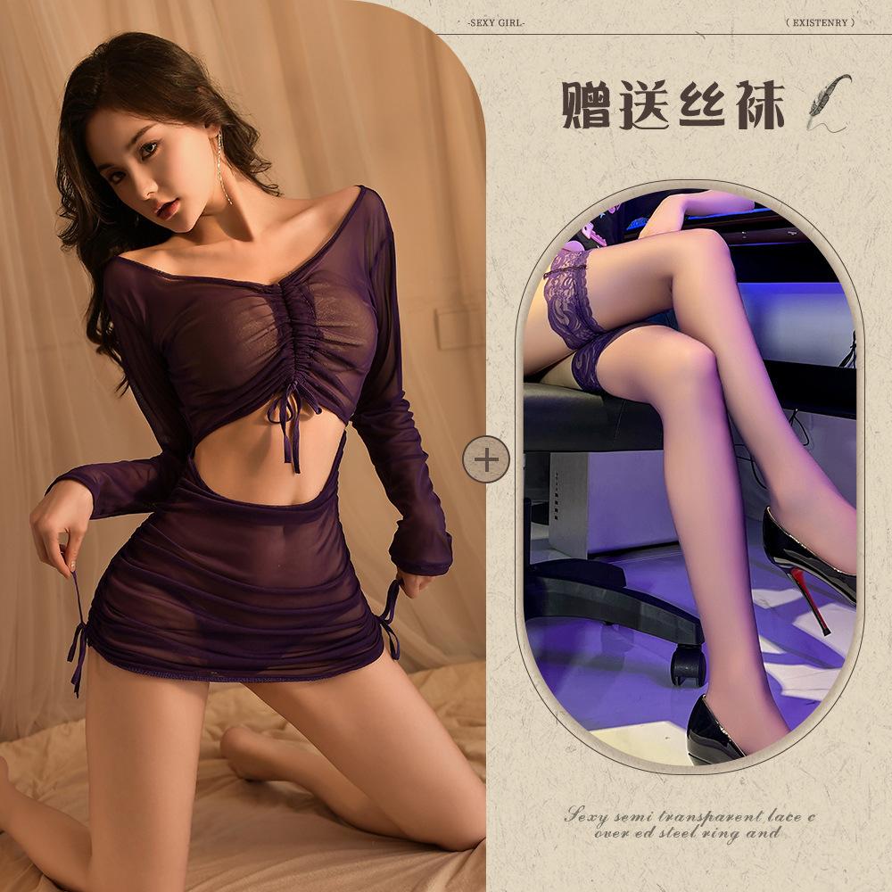 Moon Tide Sex Underwear Perspective Long Sleeve Hip Wrap Dress Passion Hot Sexy Uniform Seduction Pajama Set
