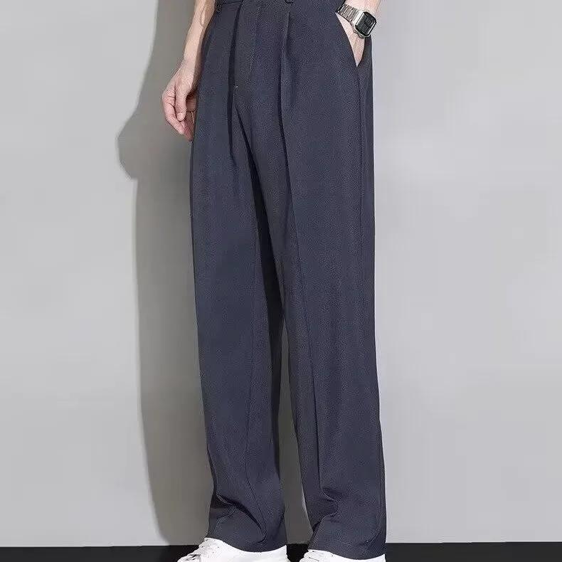 Summer Men's Pants Light&Thin Polyester Elastic Waist Semi-Wide Loose Slacks Drape Suit Pants Male Casual Trousers