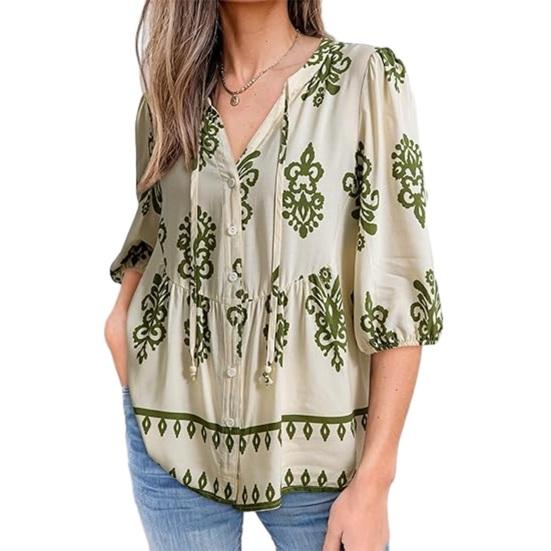 Women Shirt Loose Fit V Neck Printed Button Placket Shirt Tops Half Sleeve Breathable Summer Casual Tops S