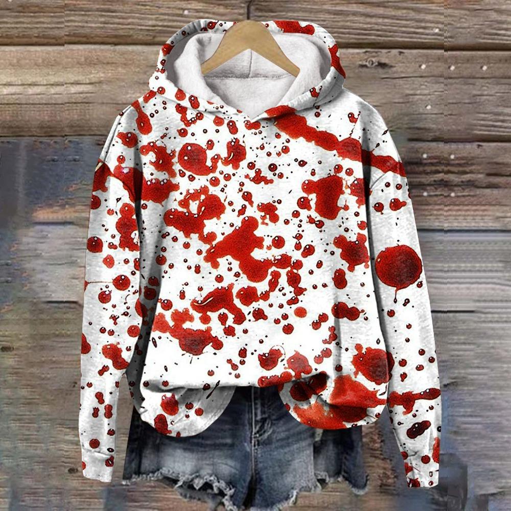 Halloween Women Blood Printing Sweatshirts Long Sleeve Casual Hoodies Drawstring Oversized Hooded Pullover Moletom Femininos