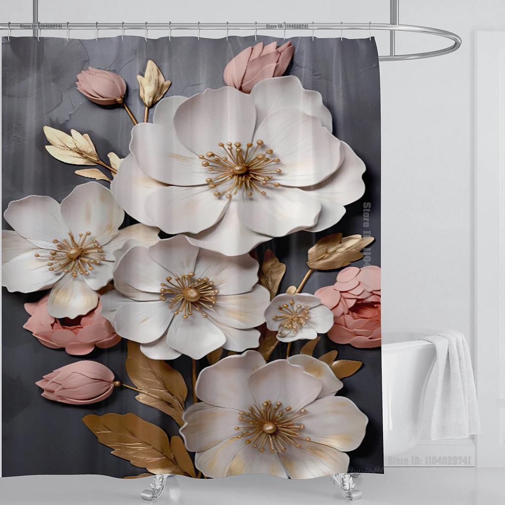 3D Print Chinese Style Luxury Diamond Flower Shower Curtain Polyester Fabric Bath Curtains High Quality With Hooks Bathroom Mat