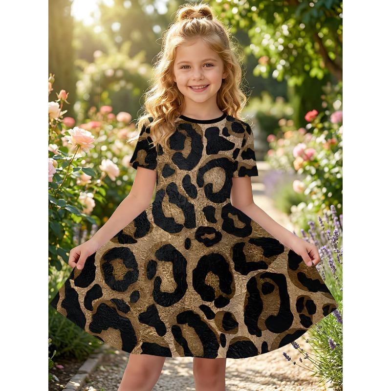 Leopard Print Summer Girls Dress Short Sleeves All Printed Frocks Cute A-Line Princess Dress for Young Girls