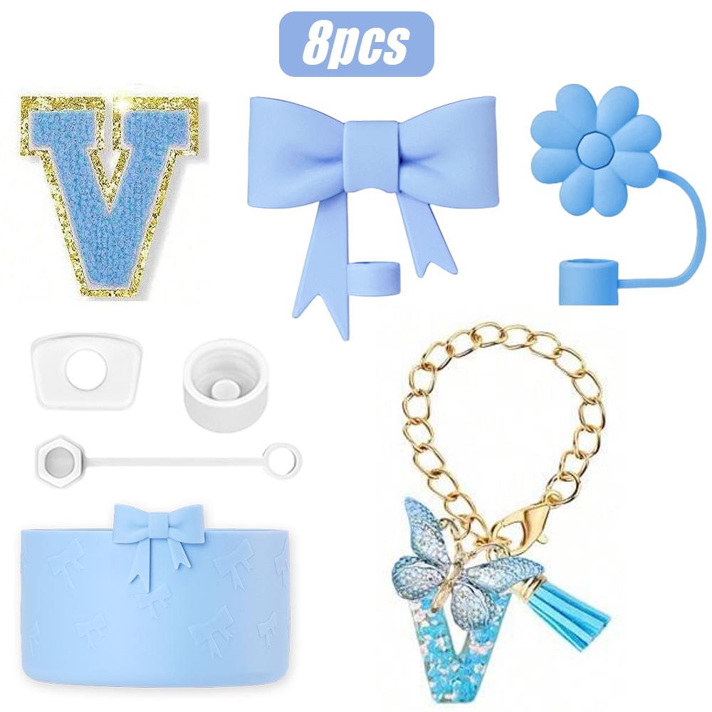 8-teiliges Tassenzubehör-Set für Stanley Cup 30oz 40oz, A-Z Initialen Dekorationen, inklusive Silikon-Strohhalmkappe, Aufkleber